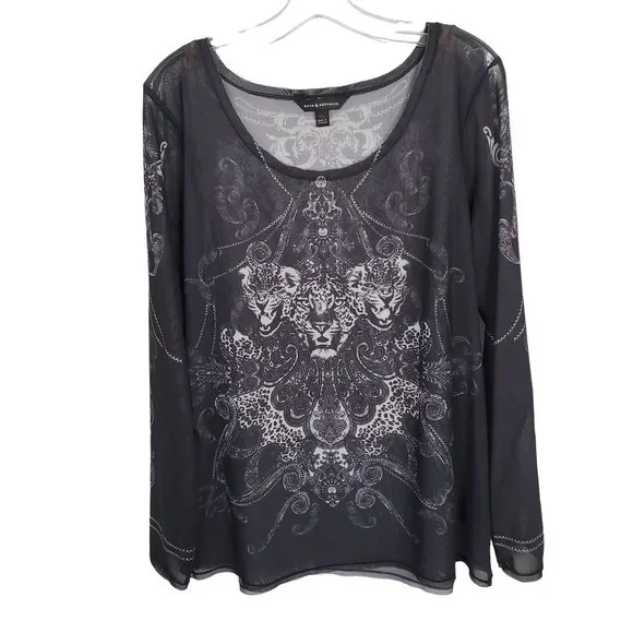 Rock & Republic Size XL Shirt Sheer Mesh Cheetah Head Print Long Sleeve Pullover - Picture 2 of 9